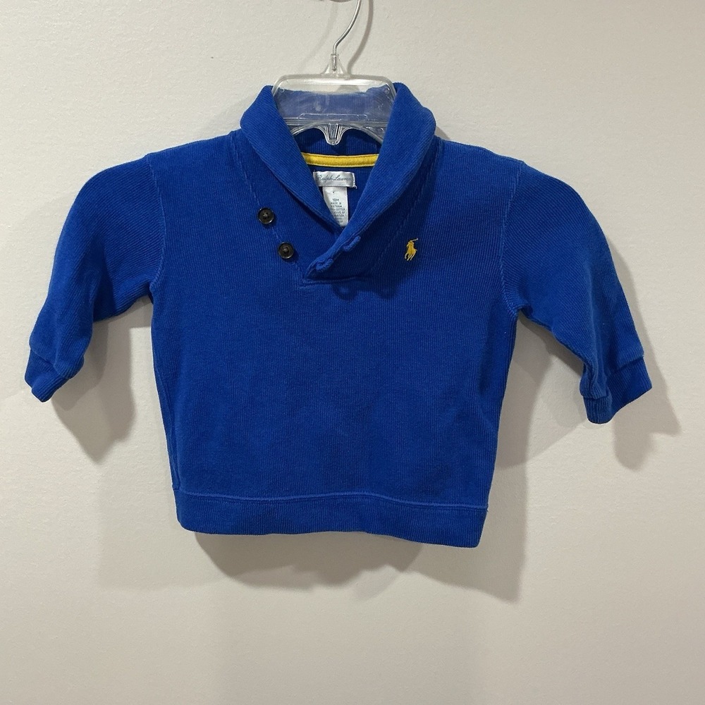 Ralph Lauren Baby Boys Cotton Shawl Collar Sweater Size 18M Blue Yellow Pony